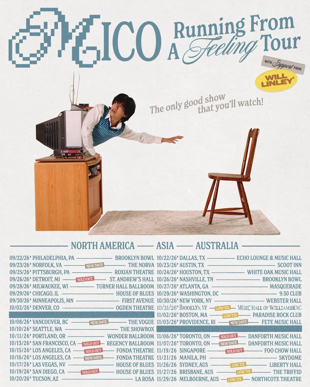 Cartaz oficial da Running From A Feeling Tour: MICO saindo da televisão, com as datas da turnê