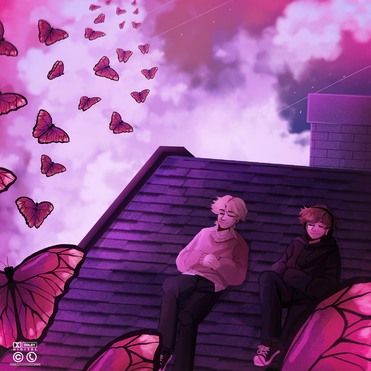 Capa oficial do álbum Forever & Always, de Vurb e acho: dois personagens no telhado, borboletas rosas